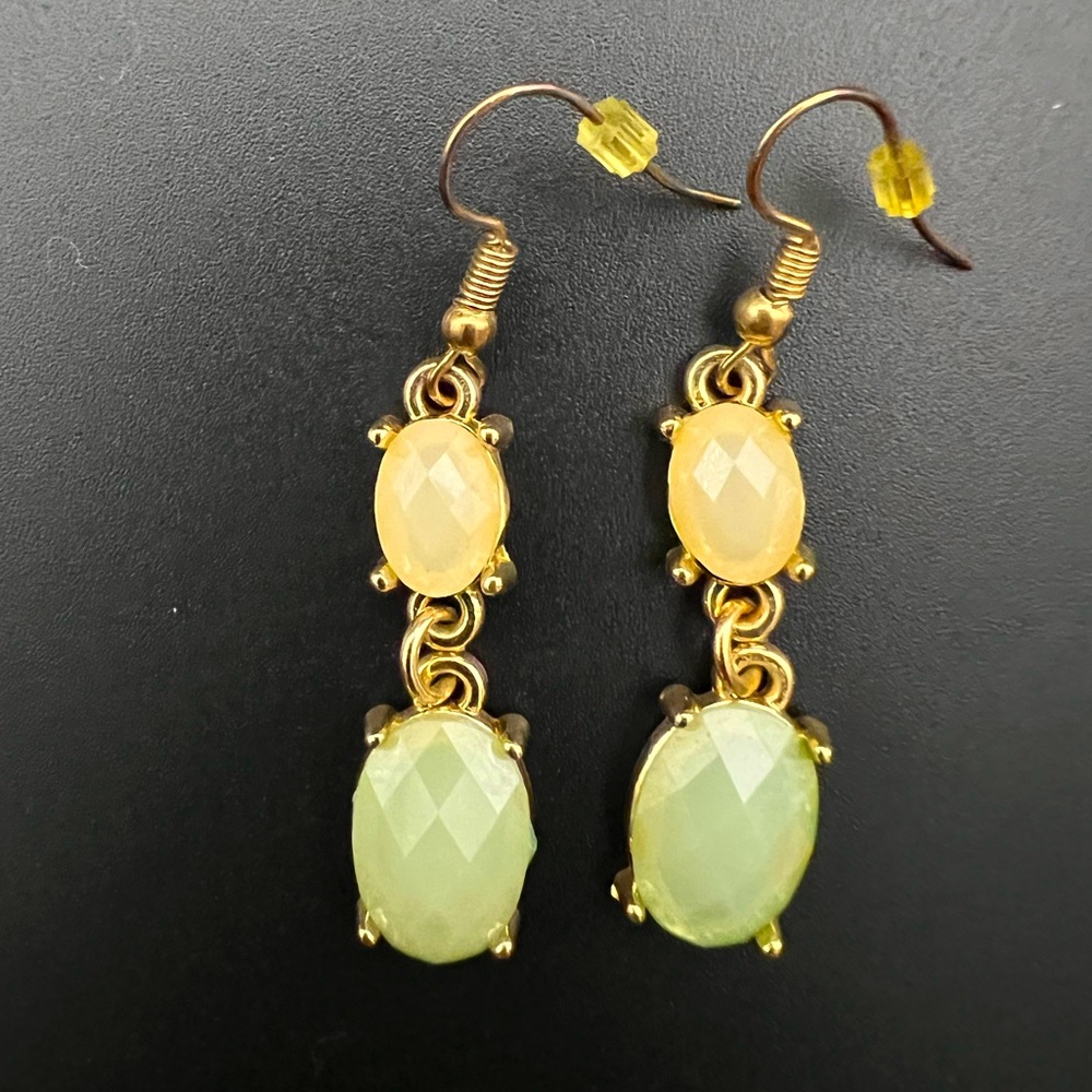 Yellow and Light Green Dangle Earrings Gold Tone